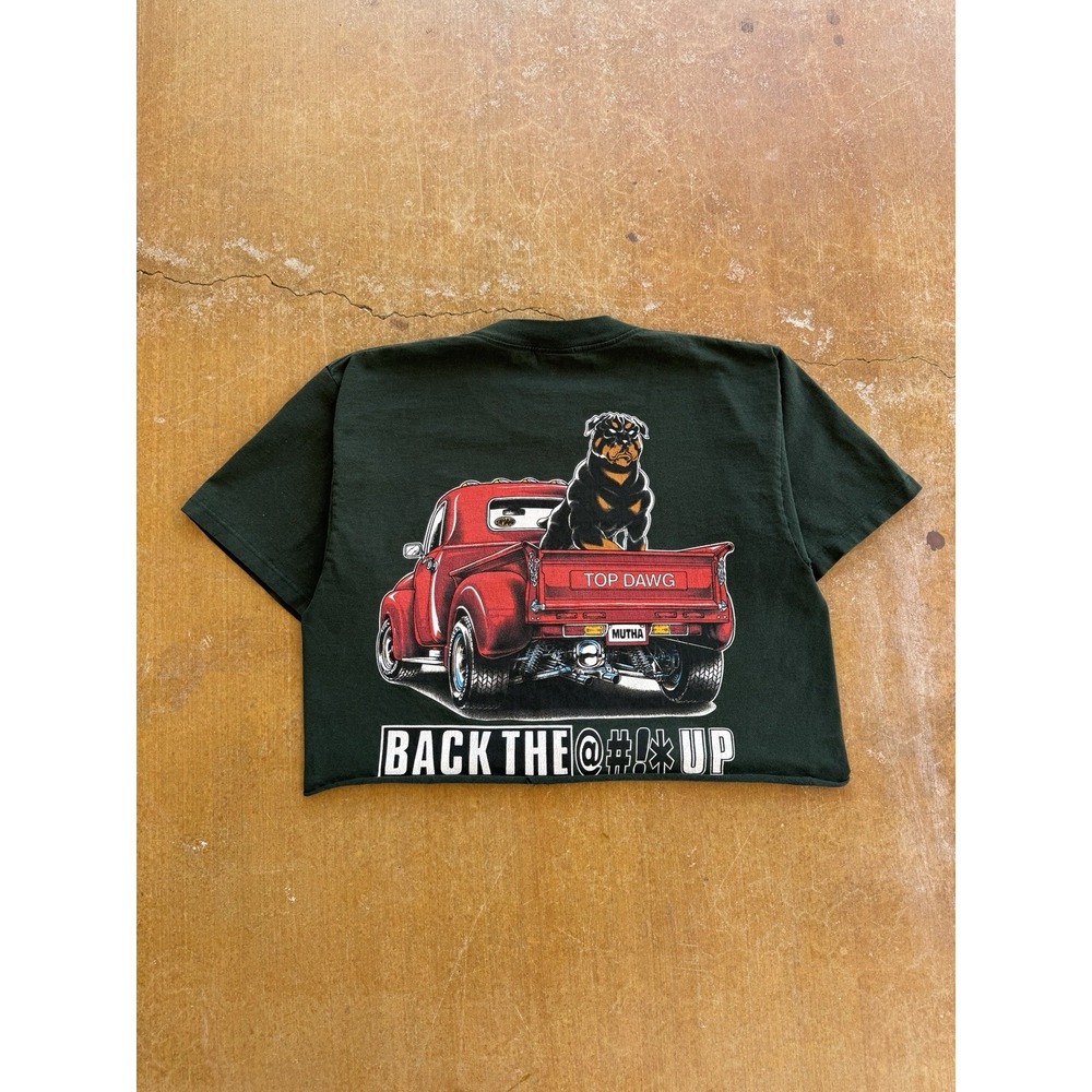 VTG 90s Top Dawg Back The F* Up Cropped Chopped Top Olive Biker T-Shirt WMS L